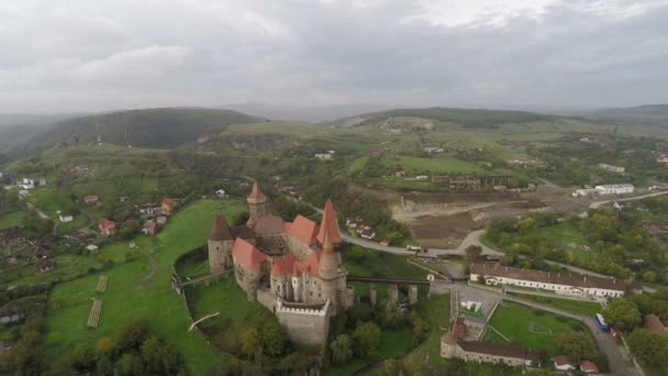 Aerial View Corvin Castle — Stock Video
