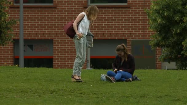 Jovens Mulheres Grama Verde Parque — Vídeo de Stock