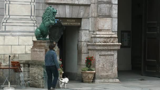 Löwenstatue Neben Einem Eingang — Stockvideo