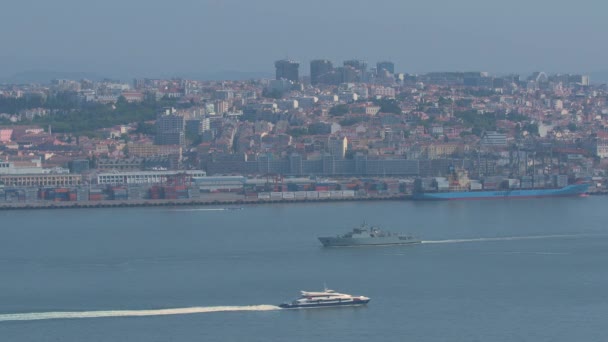 Boats Floating Tagus River — Stockvideo