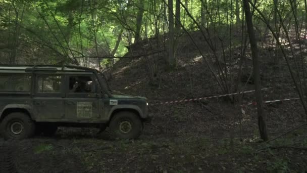 越野车爬上森林中的峡谷 — 图库视频影像