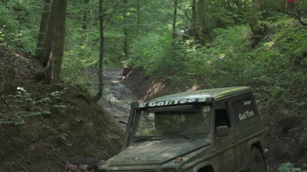 被毁的越野车卡在森林里 — 图库视频影像