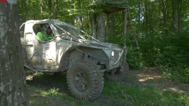 Coche Todoterreno Cubierto Barro Bosque — Vídeos de Stock