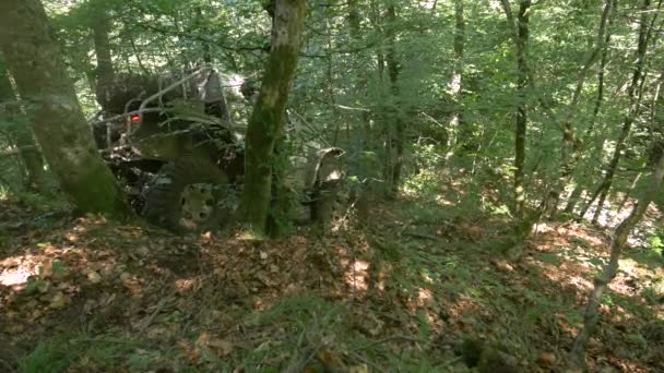Terepjáró Lassan Halad Fák Között Egy Erdőben — Stock videók