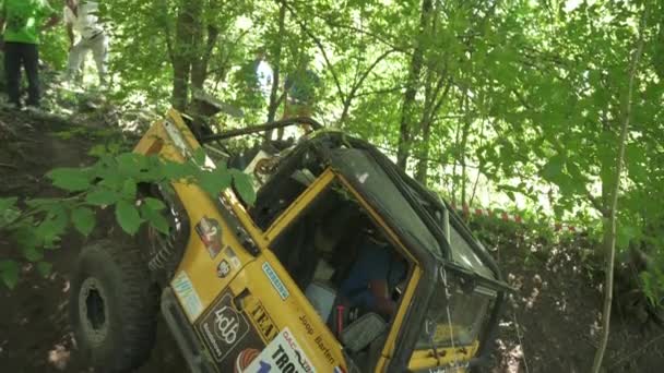 Lutning Ner Bil Som Fastnat Skogen — Stockvideo