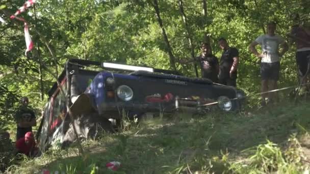 Låg Vinkel Terrängbil Som Kör Skogen — Stockvideo