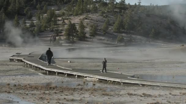 People Walking Boardwalk Yellowstone National Park — Stock Video