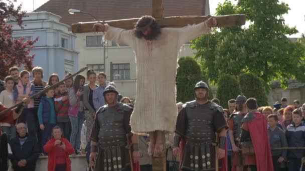 Soldados Chicoteando Jesus Forçando Carregar Cruz — Vídeo de Stock