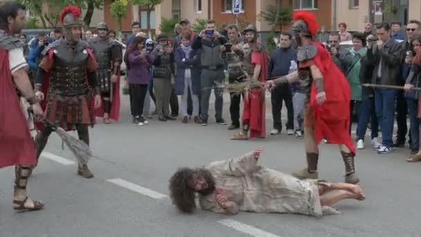 People Actors Crucifixion Walk Playing Outdoors — Stock Video