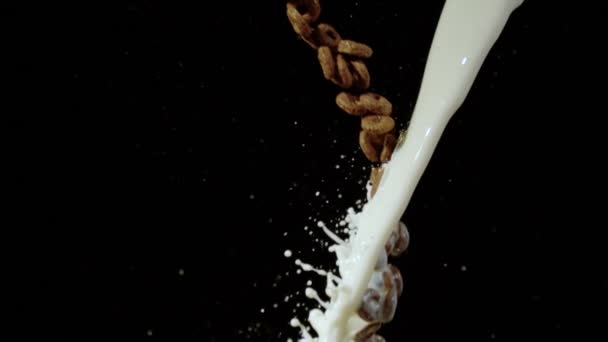 Anelli Cereali Cioccolato Flusso Latte Ultra Slow Motion — Video Stock