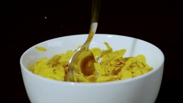 Spoon Falling Cereal Bowl Milk Ultra Slow Motion — Stock Video