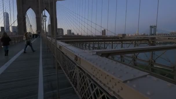 Kobieta Robiąca Zdjęcia Brooklyn Bridge Nowym Jorku Usa — Wideo stockowe