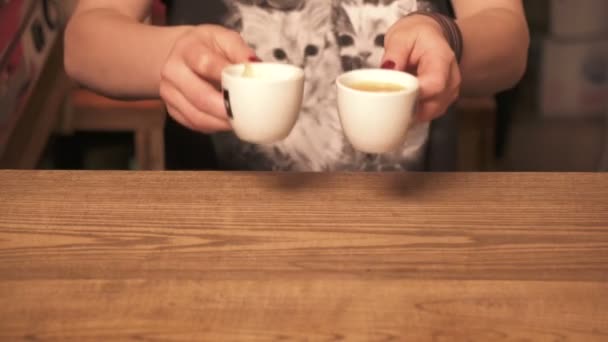 Pouring Milk Two Cups Coffee — Stock Video
