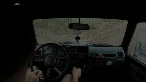Homem Dirigindo Seu Carro Uma Floresta — Vídeo de Stock