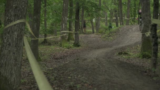 Versenyző Egy Kerékpárversenyen Erdőben — Stock videók