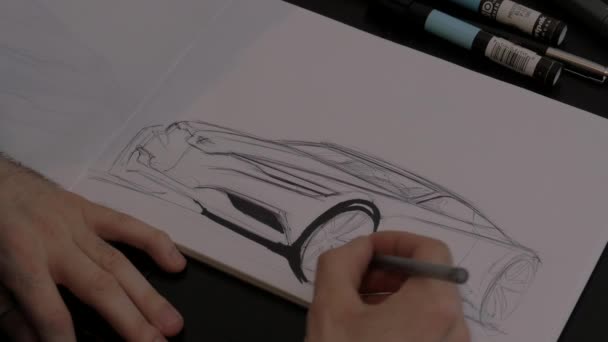 Male Hands Sketching Car Paper — Wideo stockowe