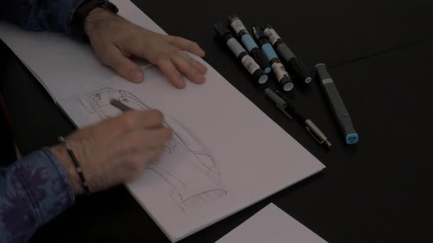 Male Hands Sketching Car Paper — Wideo stockowe
