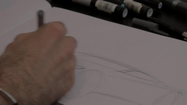 Male Hands Sketching Car Paper — kuvapankkivideo