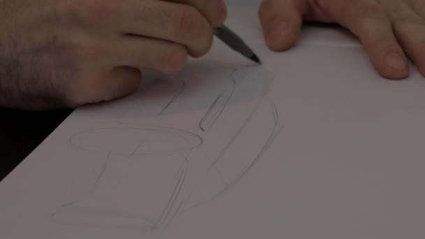 Male Hands Sketching Car Paper — kuvapankkivideo