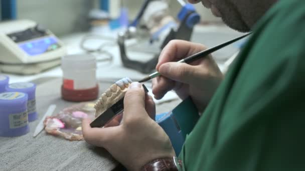 Technician Applying Porcelain Dentition Mold — Stock video