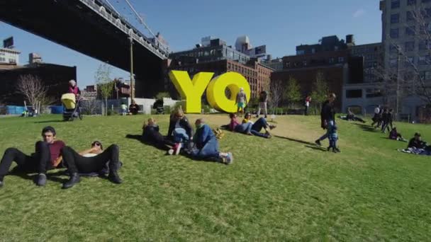 Menschen Entspannen Sich Der Skulptur New York — Stockvideo