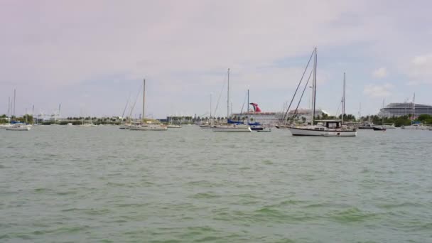 Barcos Con Mástiles Anclados Bahía — Vídeos de Stock