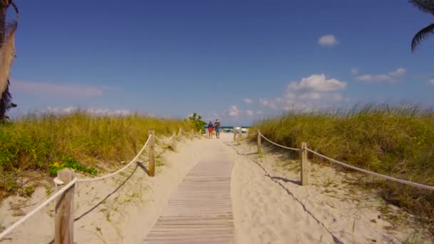 Homem Mulher Caminhando Uma Passarela Praia — Vídeo de Stock