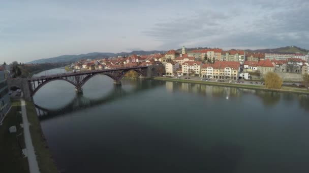 Aerial View Old Bridge Drava River Maribor — Αρχείο Βίντεο