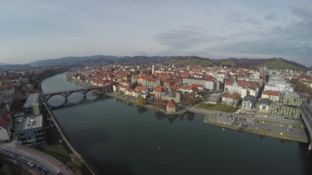 Aerial View Drava River Old Bridge Maribor — Stockvideo