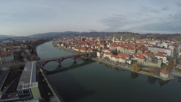 Aerial View Drava River Stari Most Maribor — Stockvideo