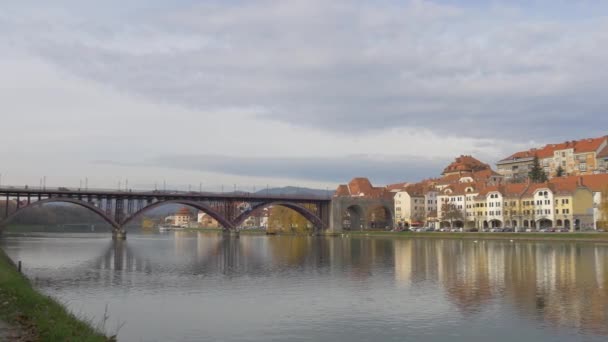 Pan Right Old Bridge Drava River — Stock video