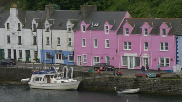 Navio Ancorado Perto Edifício Rosa — Vídeo de Stock