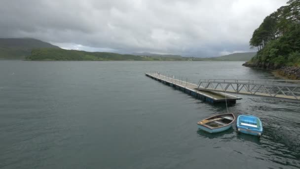 Two Rowboats Moored Wooden Dock — Stock Video