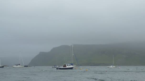 停泊中のボートが停泊中の港で霧の日 — ストック動画