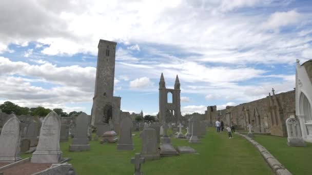 教会遺跡の近くの塔や墓石 — ストック動画