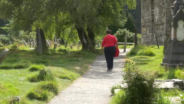 Mujer Caminando Por Camino Del Cementerio — Vídeo de stock