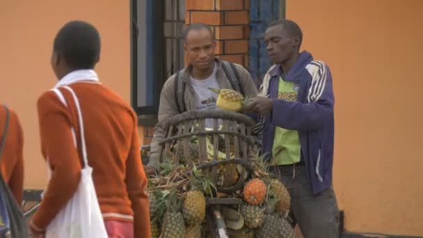 Footage Uganda Lifestyle African Man Cutting Pineapple — Stockvideo