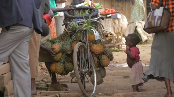 Footage Uganda Lifestyle Girl Looking Bike Loaded Pineapples — Stok video