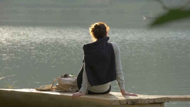 Οπίσθια Όψη Γυναίκας Που Χαλαρώνει Κοντά Λίμνη — Αρχείο Βίντεο