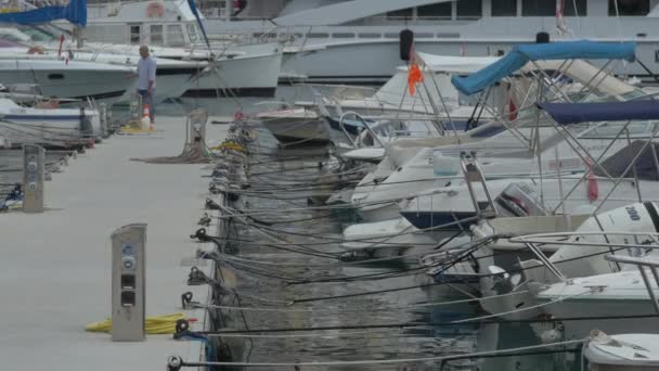 Boats Tied Mooring Posts Port — Stock Video