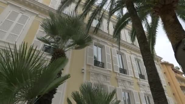Palmiye Ağaçlarıyla Çevrili Bir Binanın Alçak Açısı — Stok video