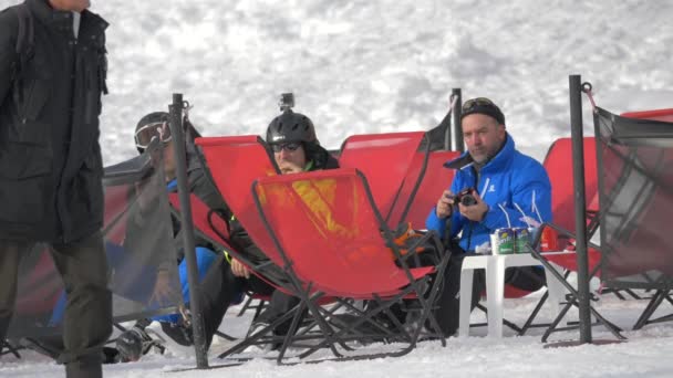 Three Men Sitting Chairs Ski Resort — Stock Video