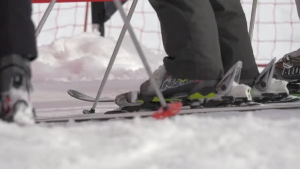 Nohy Lyžařů Snowboardistů — Stock video