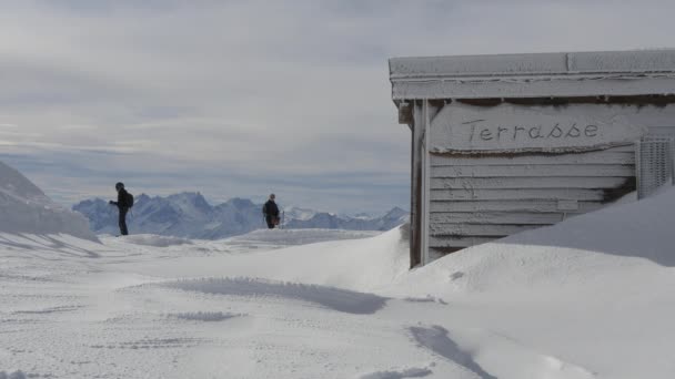 Two Skiers Standing Terrace — Stock Video