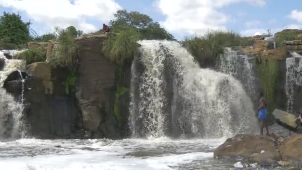 Mannen Die Zwemmen Bij Een Waterval — Stockvideo