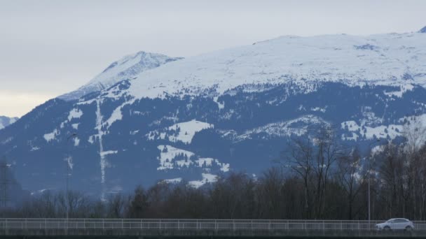 Cars Driving Base Snowy Mountain — 图库视频影像