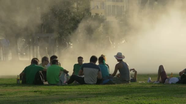 年轻人坐在绿色的草地上 — 图库视频影像