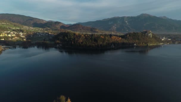 Flygfoto Över Skogsklädda Kullar Och Bled — Stockvideo