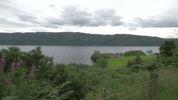 从灌木丛后面看到的湖泊和废墟 — 图库视频影像
