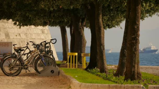 Bicicletas Estacionadas Cerca Del Mar — Vídeo de stock